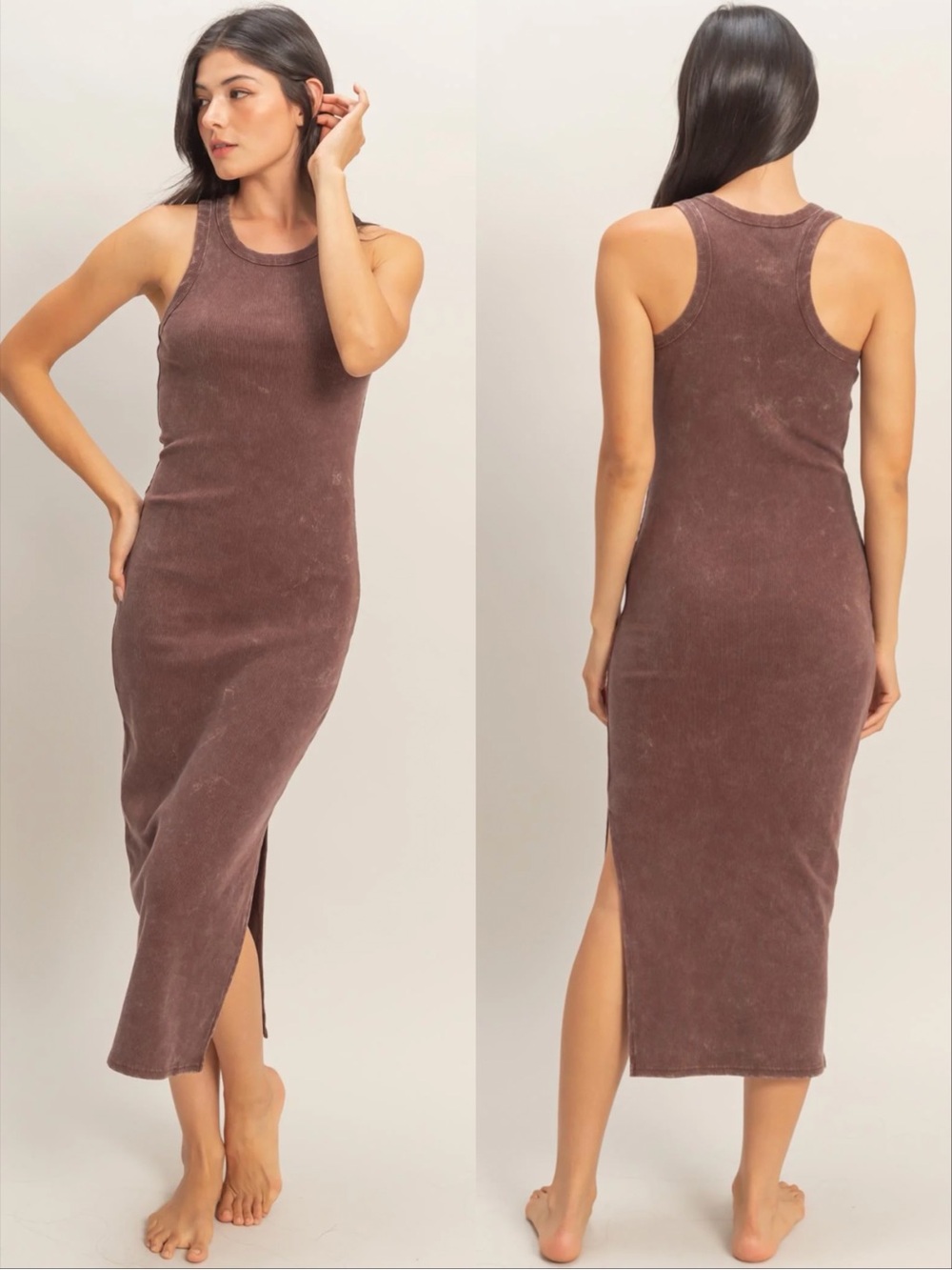 NEW Double Zero Cocoa Brown Midi Tank Dress Acid Wash Ribbed Side Slit